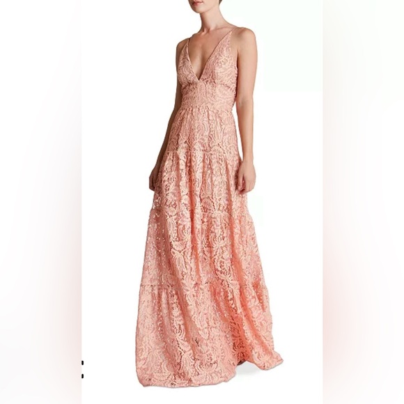 Dress The Population Melina Lace Maxi Gown Rose Petal Plunge Cocktail Formal - Picture 1 of 12